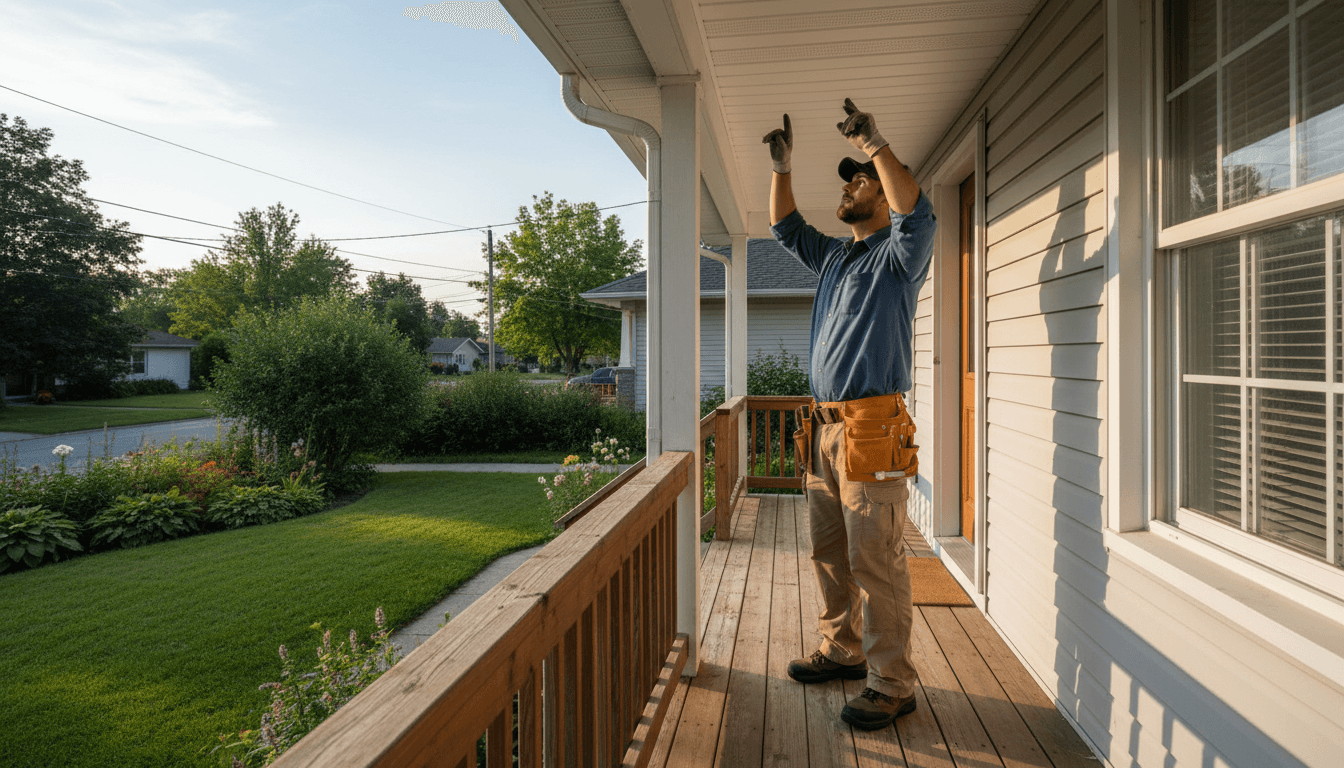 Property maintenance worker inspecting a residential home exterior in Toronto
