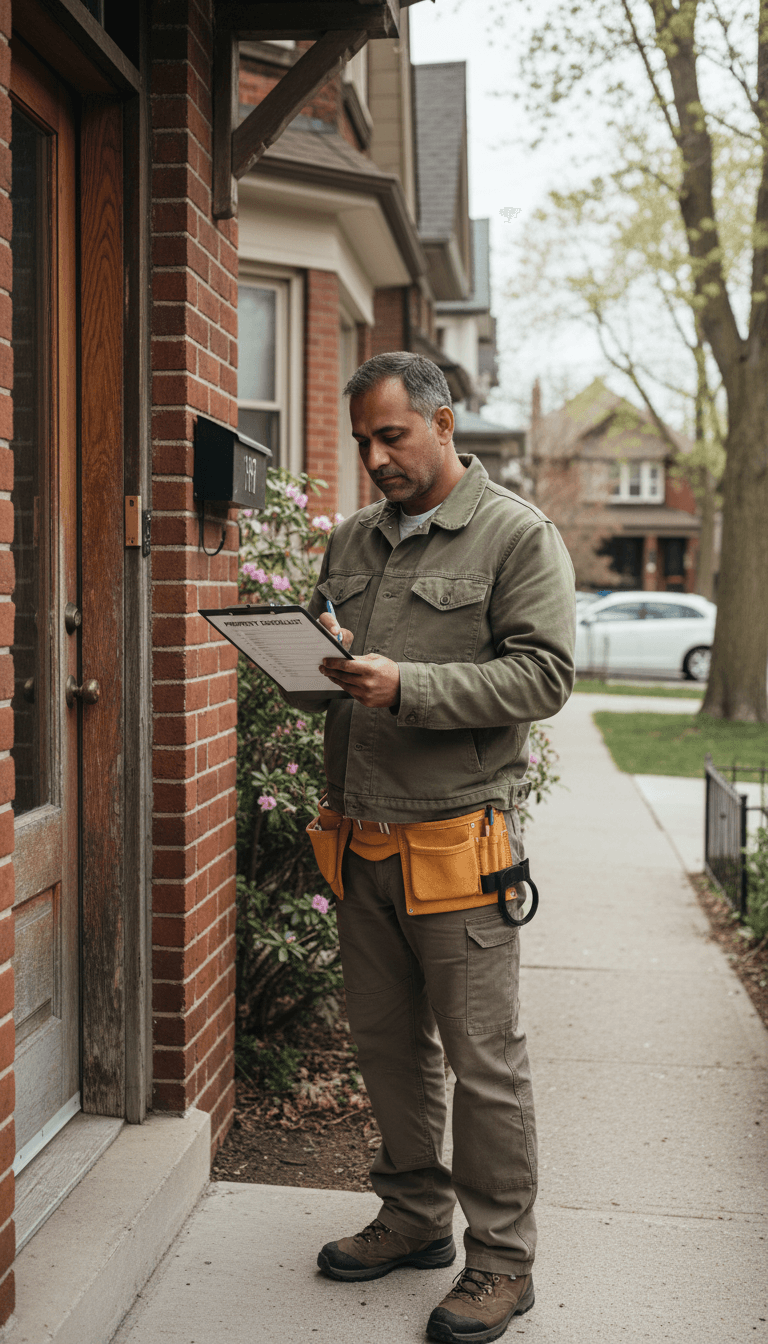 Property maintenance inspector reviewing a checklist beside a residential building in Toronto