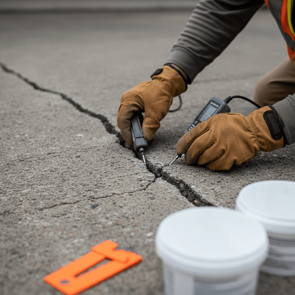 Property maintenance professional inspecting an exterior wall