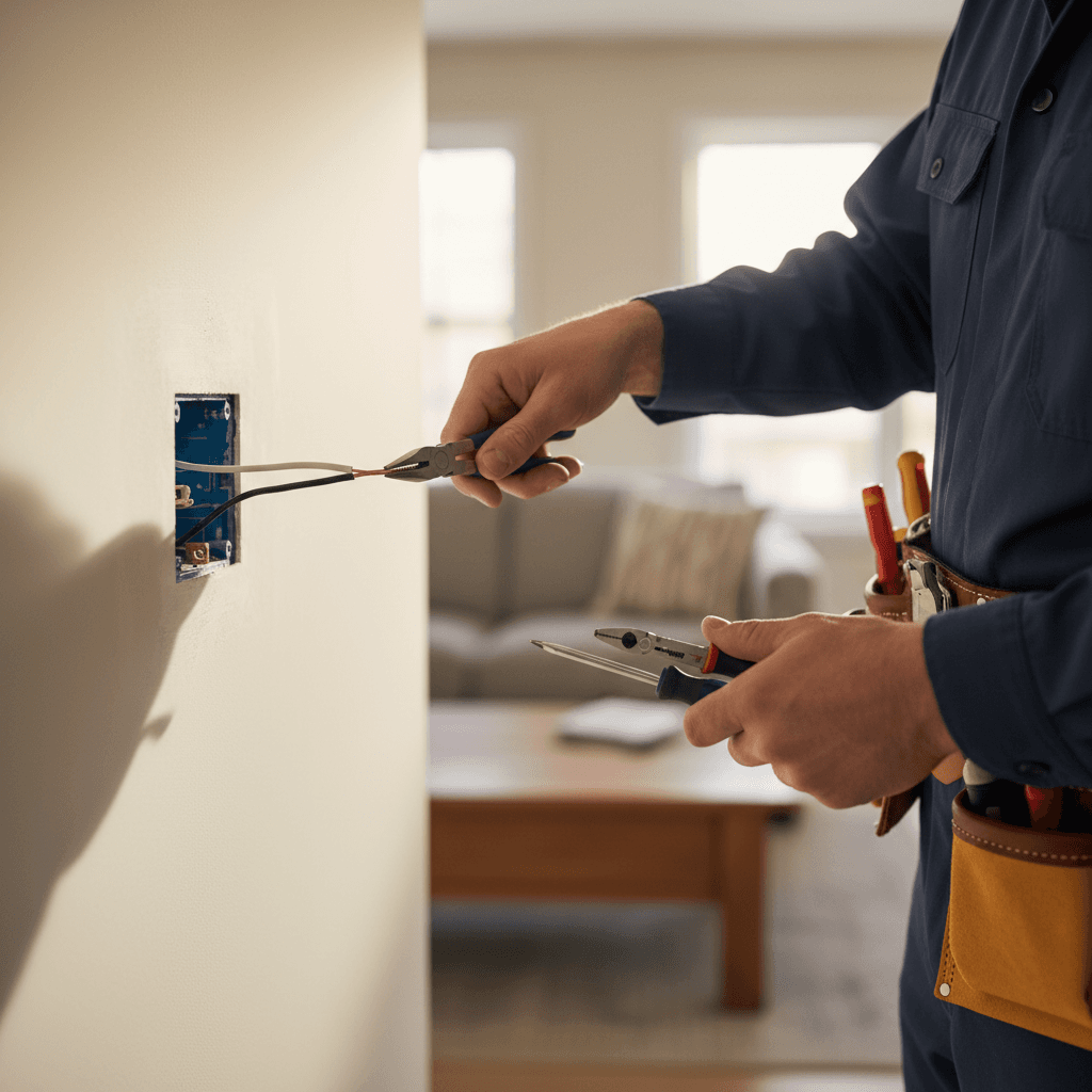 Maintenance worker inspecting a wall outlet in a residential hallway