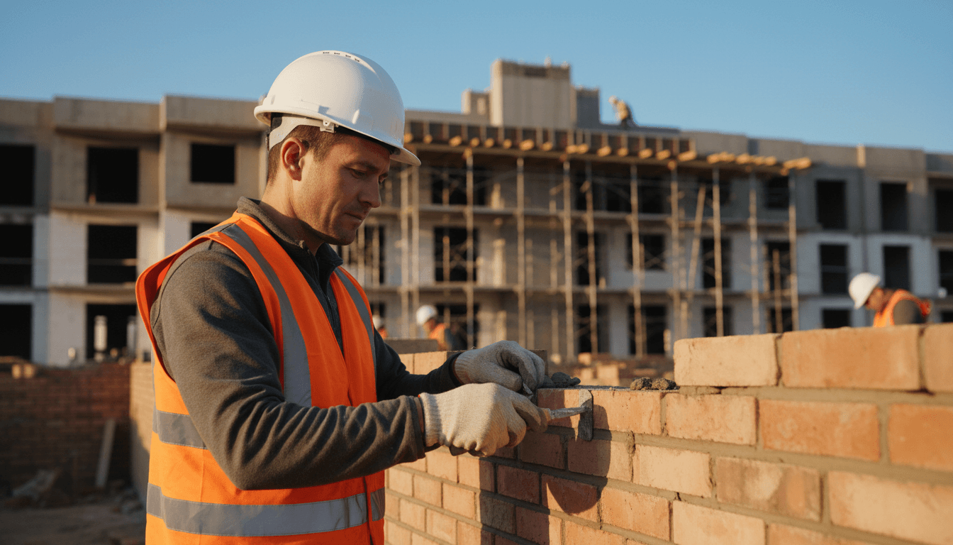 Maintenance professional inspecting the exterior of a brick townhouse