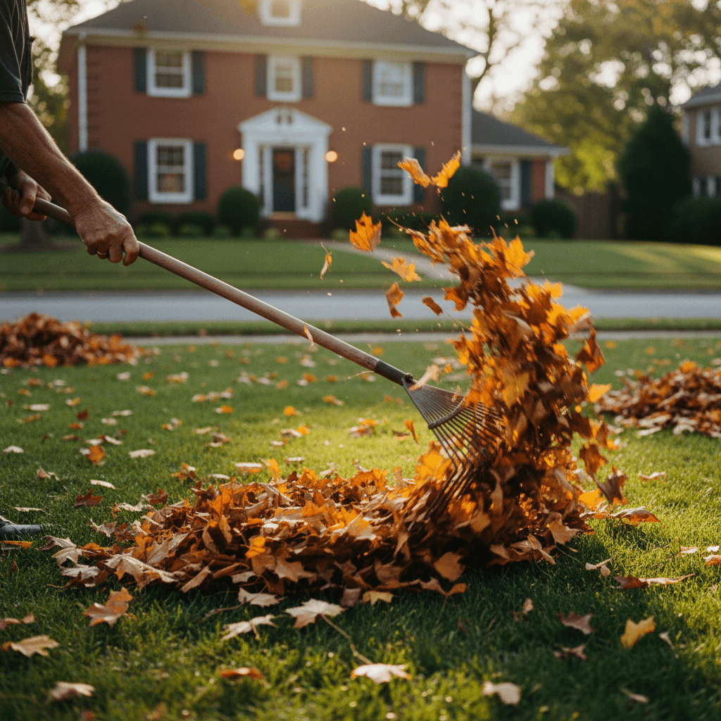 Worker clearing leaves from a residential gutter