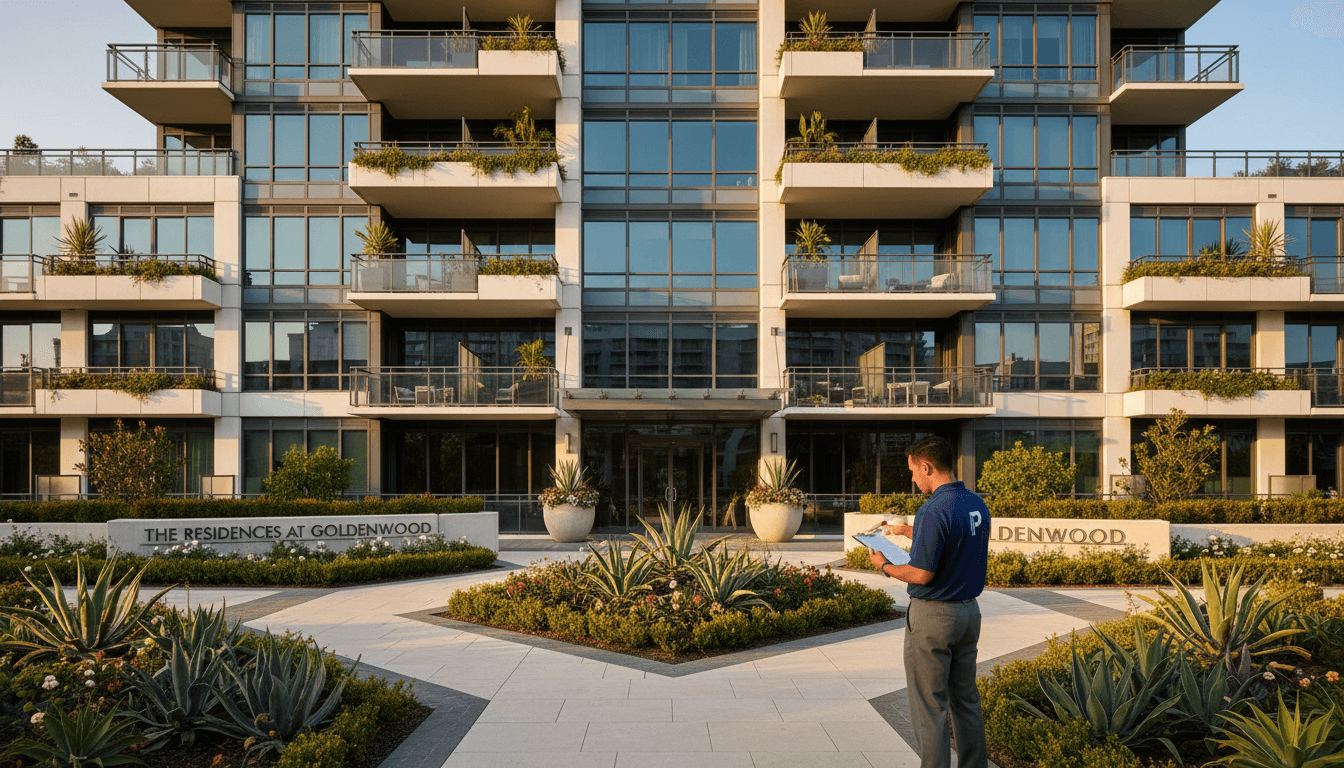 Checking an apartment building's exterior grounds
